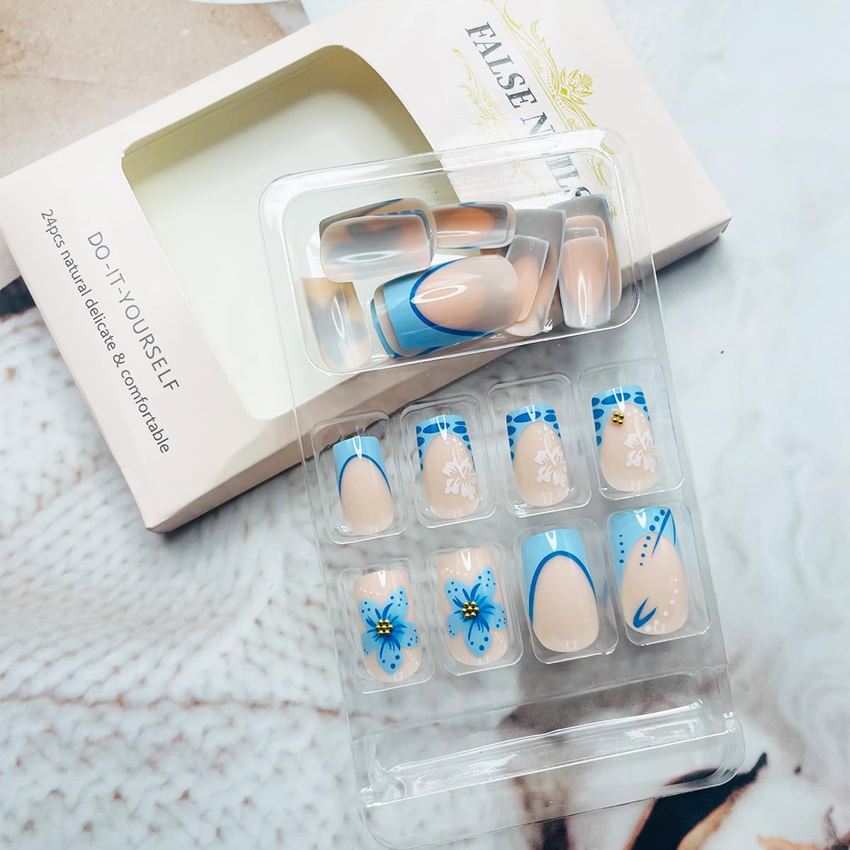 24Pcs Blue French Tip Press on Nails Short Square Fake Nails Glossy Design Full Cover Glue on Nails Gold Rhinestones Flower Artificial Nails Reusable Acrylic Stick on Nails for Women DIY Manicure