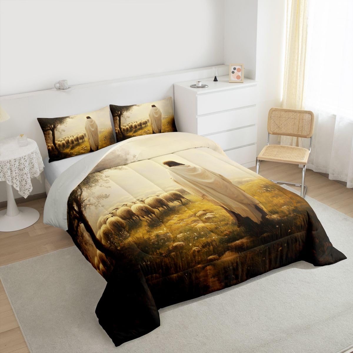 Manfei God and Lamb Girls Bedding Set Twin Size,Spiritual Western Belief Comforter Set,Modern Artwork Bible Verse Quilt Comforter Girls Boys Teens,Yellow Beige Room Decor All Season,1 Pillowcase