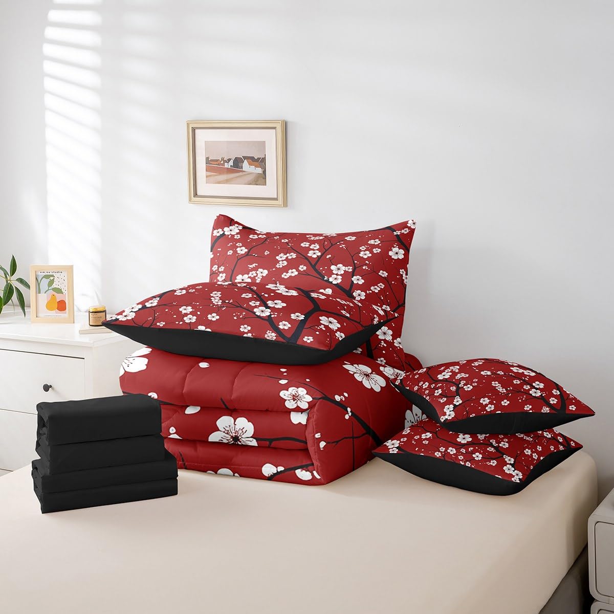 Erosebridal Cherry Blossom Full Size Bed Sheets and Comforter Set,Japanese Style Flowers 7 Piece Bedding Set Boho Floral Bed in a Bag,Retro Tree Branches Farmhouse Decor Bed Sets