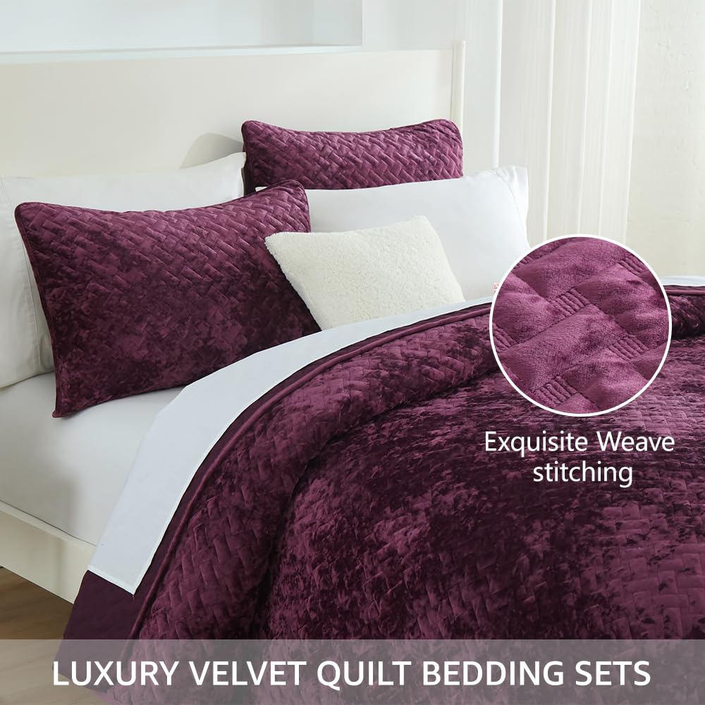 Liians Velvet Bedspread Quilt Bedding Sets,Luxury Elegant Ultra Soft Velvet Comforters Coverlet Blankets,Weave Stitching Pattern Cotton Quilted Bedspread for All Seasons，Purple,King Size