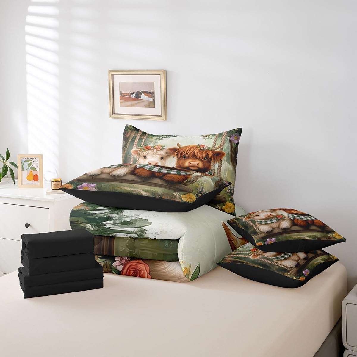 Erosebridal 7Pcs Highland Cow Kids Bedding Set for Boys,King Size Comforter Set with Sheets and Pillowcase,7Pcs Bed in a Bag,Western Cow Children Bed Set, Farmhouse Animal Comforter