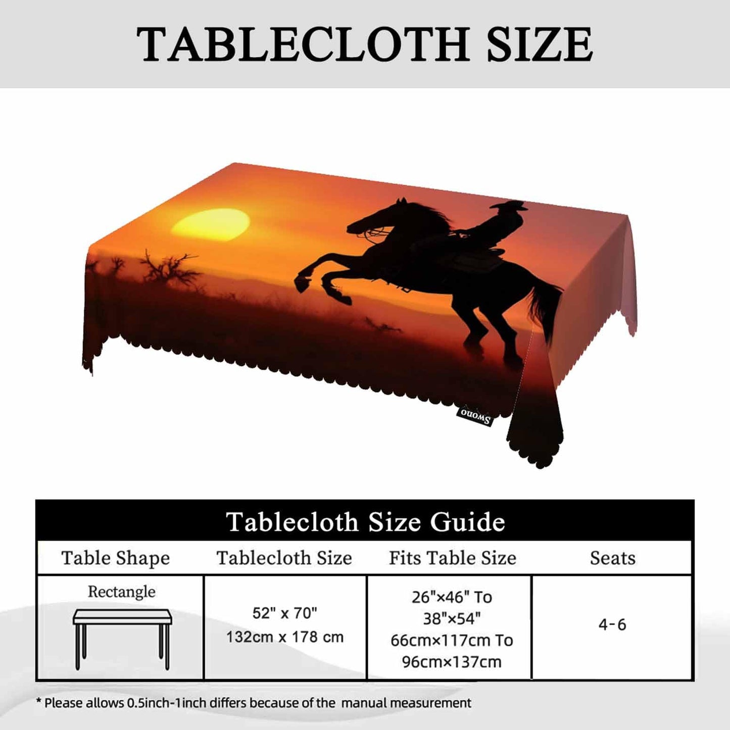 Swono Rectangle Tablecloth Cowboy Table Cover 52x70 Inch Western Cowboy Horse Sunset Ranch Heavy Duty Table Cloth for Rectangle Tables Decorative Tablecloth for Dining Party Camping BBQ