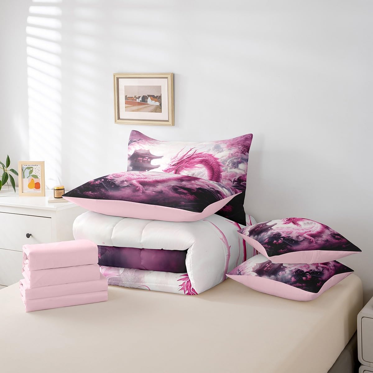7 Pieces Pink Dragon Comforter Set Queen,Japanese Style Building Bed Set for Kids Boys Girls,Cherry Blossom Bedding(1 Comforter,1 Fitted Sheet,1 Flat Sheet,2 Pillowcases,2 Throw Pillow Cover)