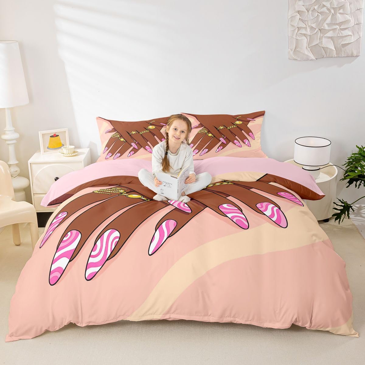 Erosebridal Romantic Makeup Themed Comforter Cover Full Size for Girls Fashion Girlish Bedding Set Black Girls Duvet Cover for Kids Teens Adult Women Bedroom Afro Vogue Princess Magical Bed Set