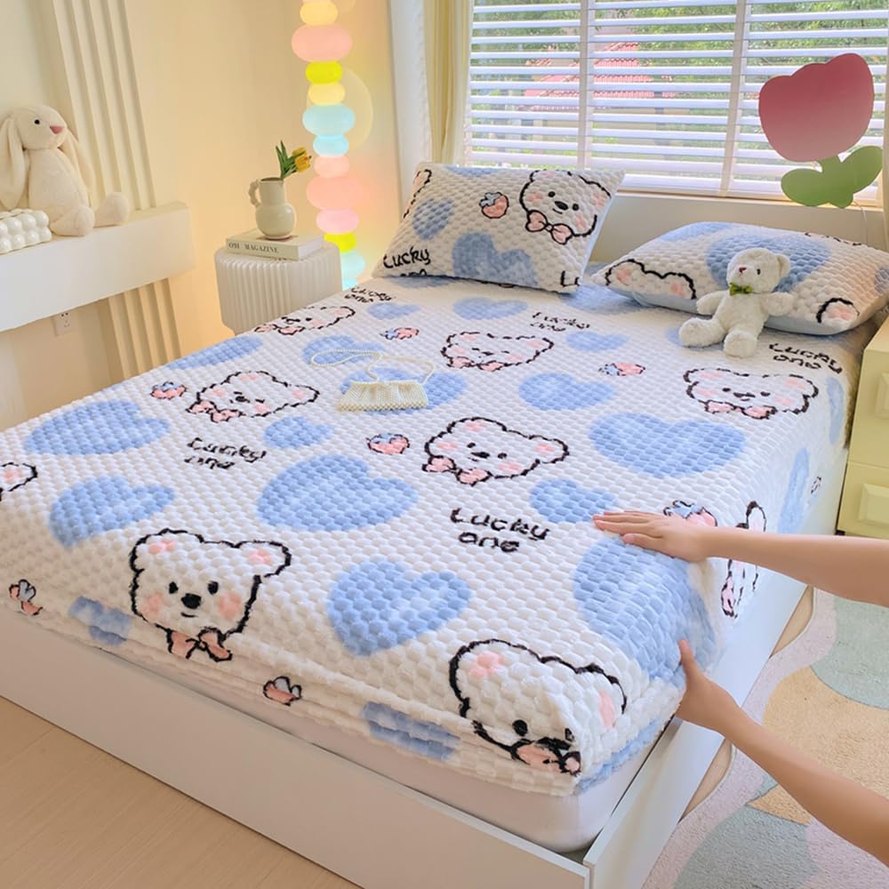 ZIQINPSQ Cozy Fleece Fitted Sheet Full Size - Ultra Soft Fuzzy Bed Sheets for Winter, Deep Pocket 15'' Velvet Plush Bottom Sheet Only (Anti-Static & Warm), Bear