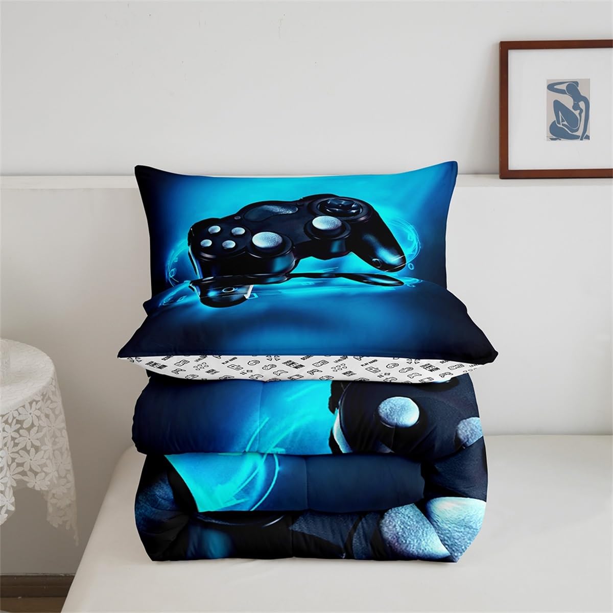 Feelyou Gamer Comforter Sets for Boys Twin Bedding Set for Boys Kids Gaming Comforter Gamer Room Decor Blue Video Game Bed Set Teens Bedroom Gamepad Duvet Set All Season 1 Comforter with 1 Pillow Case