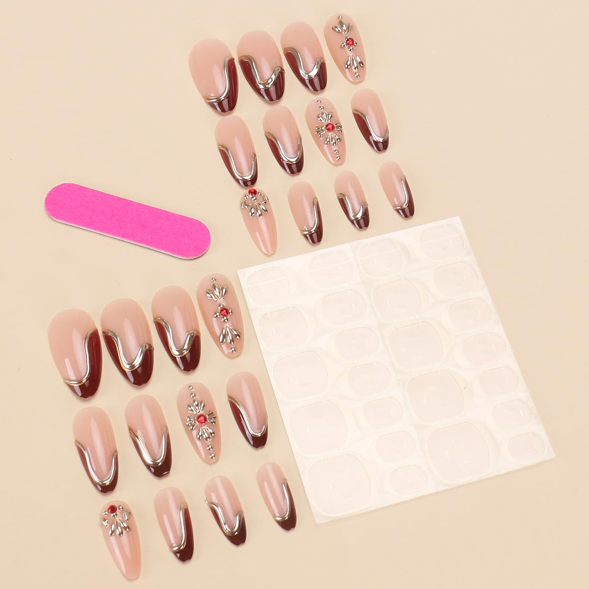 24Pcs Almond Press on Nails Medium Gold Red French Tip Fake Nails 3D Gold Line Rhinestones Designs 3D Acrylic Artificial Nail Reusable Stick on Nails for Women Manicure Decoration