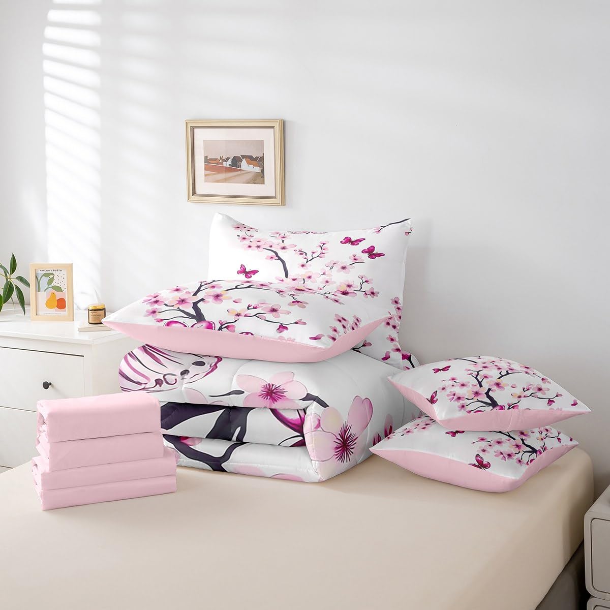 Erosebridal Cherry Blossom Bedding Set,Spring Elegant Flowers Butterfly 7 Piece Comforter Set Queen Bed in a Bag for Girls Women,Girly Japanese Style Quilt Duvet,Botanical Floral Bed Set,Pink Purple