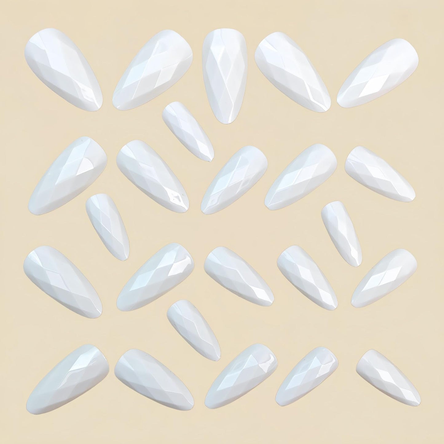 RUOKEXIN Almond Press on Nails Medium Length Fake Nails White Chrome False Nails with 3D Rhombus Designs Full Cover Nail Press ons Sparkly Artificial Nails for Women 24Pcs