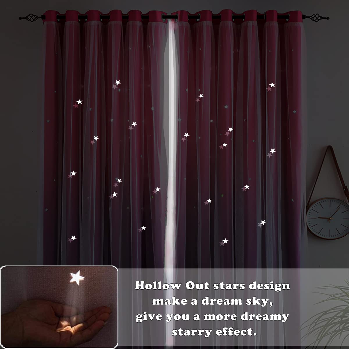 Yancorp Kids Curtains for Girls Bedroom Princess Curtains for Daughter Room 84 Inches Long Star Curtains with Tieback & 3 Bowties(Pink Purple,W52*L84),1 Panel