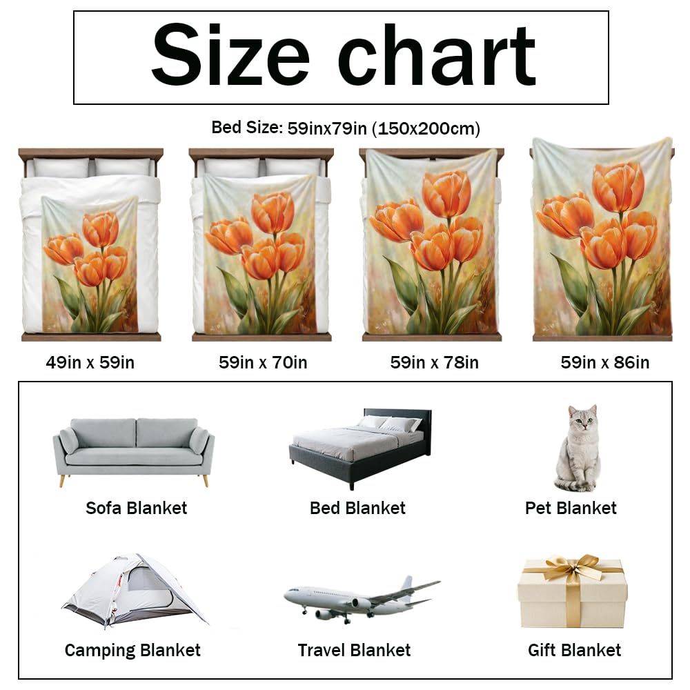 HUNXIAOJ Tulip Blanket Floral Throw Blanket Tulip Gifts for Women Rustic Flower Decor Floral Bedding Warm Soft Flannel for Girl Sofa Couch (49in x 59in)