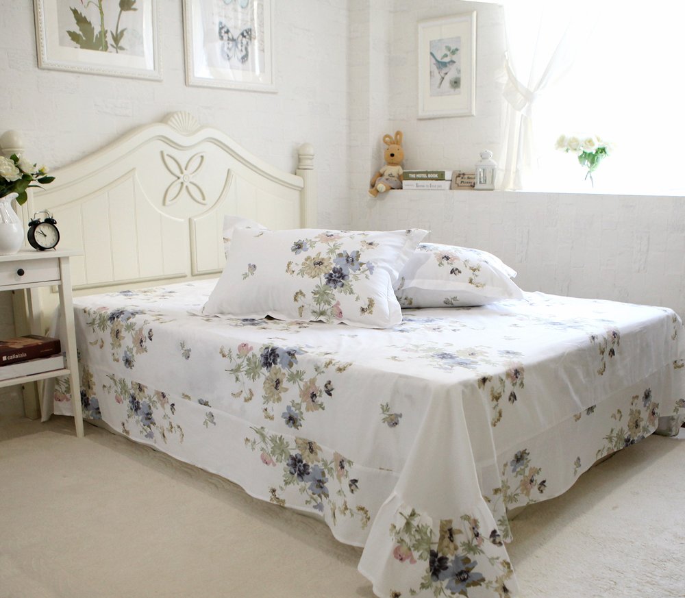 FADFAY 4-Piece Shabby White Floral Bed Sheet Set Cotton Bed Sheets, King