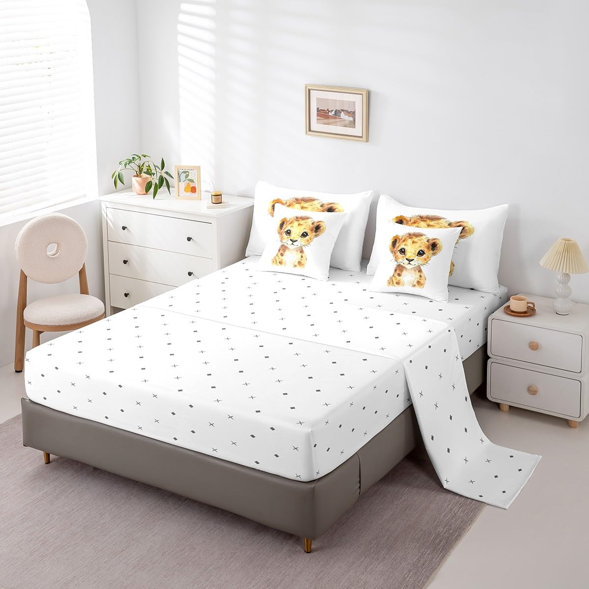 Erosebridal Kawaii Lion Twin Size Comforter Set with Sheets Kids | African Jungle Animal 7-Piece Bedding Set Tropical Forest Wildlife Pattern Bed in a Bag Cartoon Wild Safari Animal Bed Quilt Sets