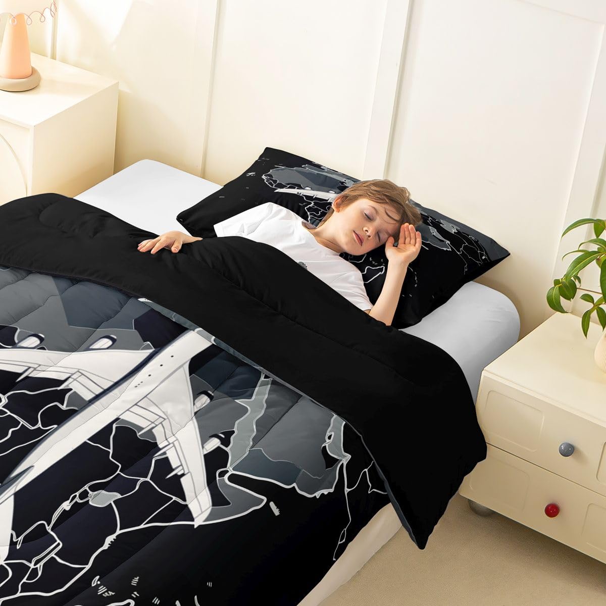 Erosebridal Airplane Comforter Set Full Aircraft Bedding Set Gradient Gray World Map Comforter for Kids Boys Girls Modern Transportation Plane Quilt Duvet