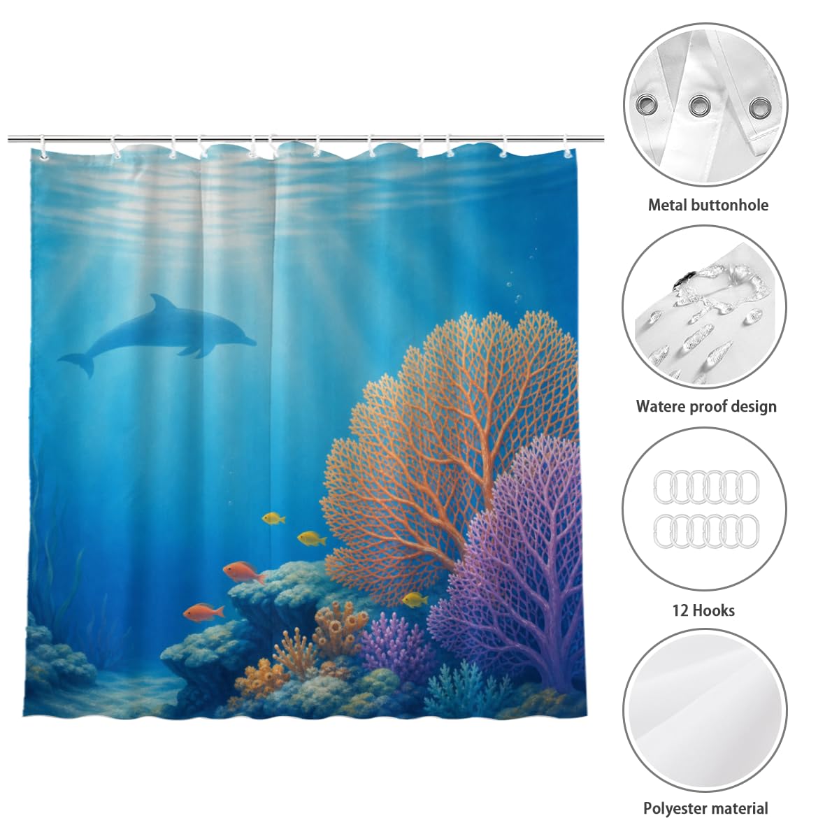 TopPacific Dolphin Coral Ocean Shower Curtain 72x72 Inch Shower Curtain with 12 Hooks Polyester Dolphin Coral Reef Blue Water Sun Rays Bathroom Decor