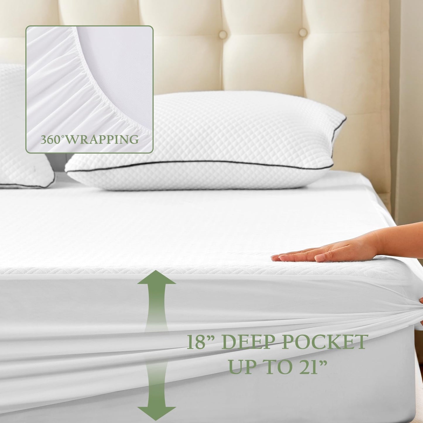 King Size Waterproof Mattress Protector Bamboo Viscose, Soft Mattress Cover Stretching Fitted with Deep Pocket 8"-21", Natural Cooling Breathable Noiseless Mattress Pad Cover, Machine Washable