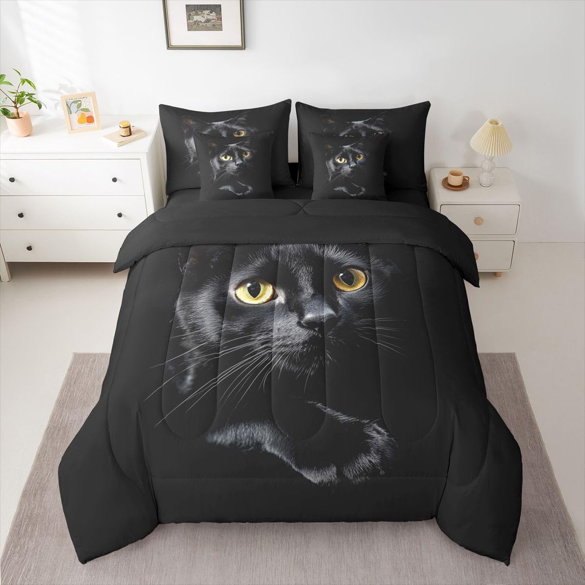 Erosebridal Black Cat 7-Piece Bedding Set Full Size 3D Cat Bed in a Bag for Kids Girls Boys Cats Lover Cute Farmhouse Domestic Pet Animal Comforter Set with Sheets Cute Cats Duvet Insert