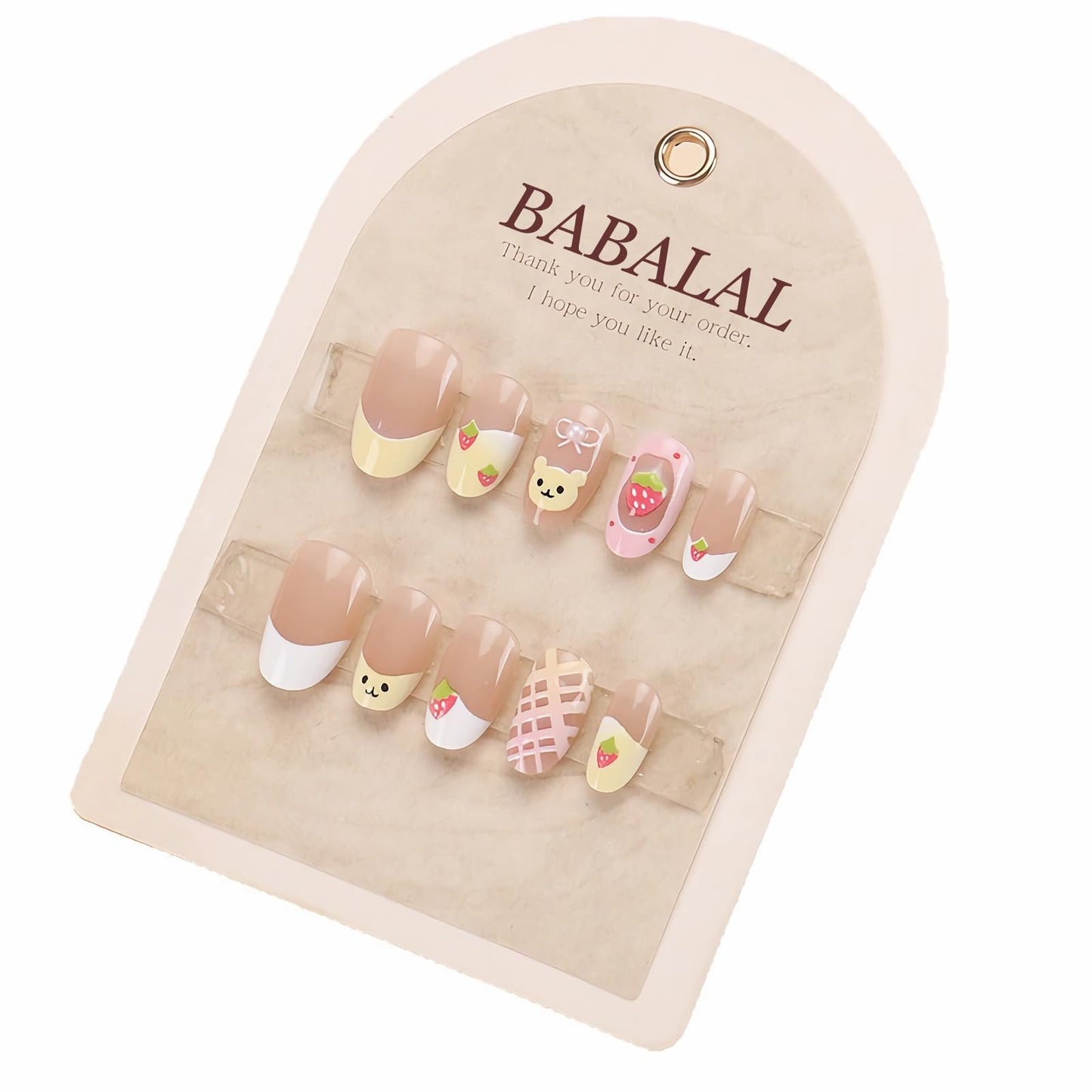 BABALAL Press on Nails Short Oval Fake Nails Yellow Pink Acrylic Glue on Cute Bear Strawberry False Nails 30Pcs Round Full Cover Stick on Nails for Women Girls Kids French Tip Kit