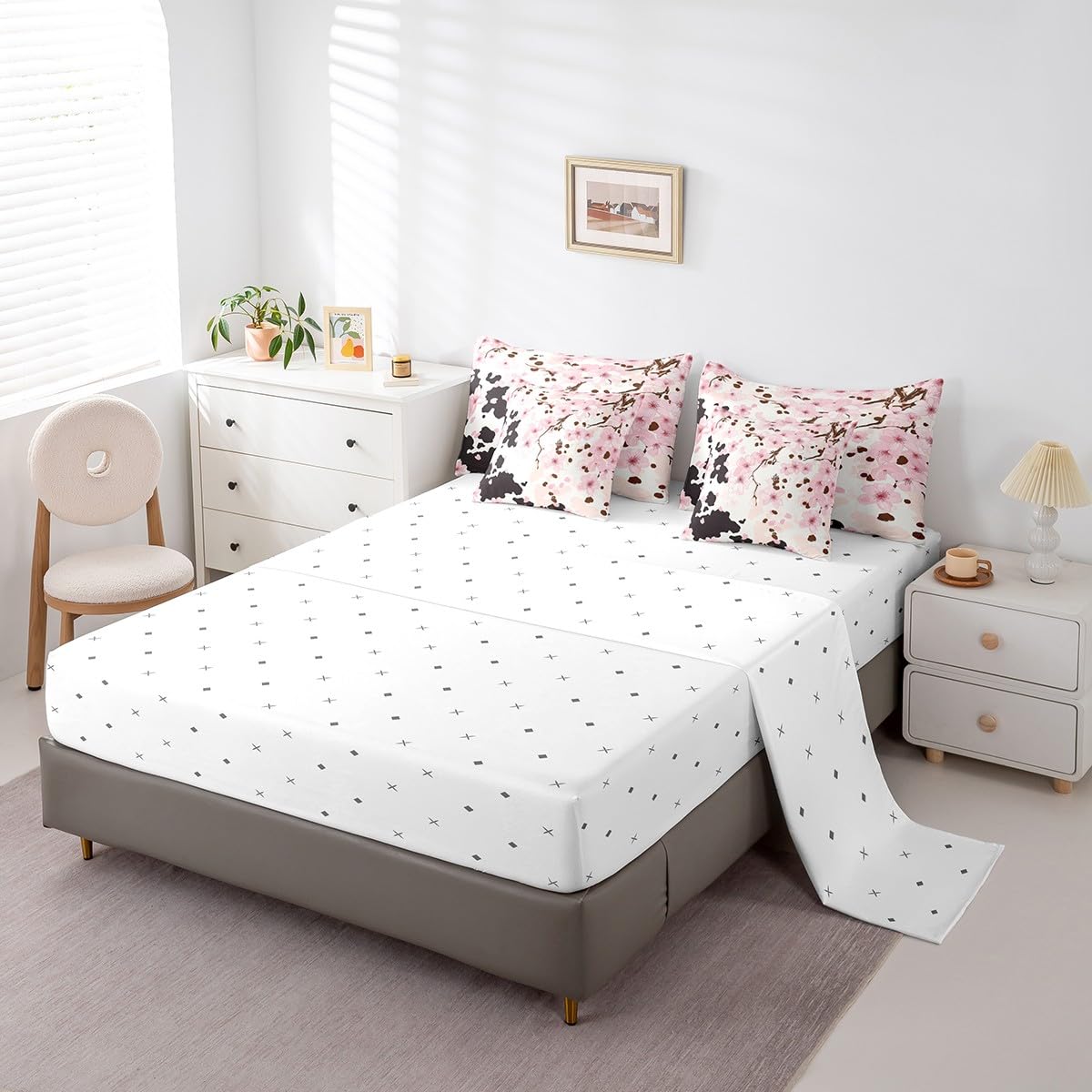 Erosebridal Pastel Pink Cherry Blossom Full Size Bed Sheets and Comforter Set,Western Cowhide 7 Piece Bedding Set Rustic Flowers Bed in a Bag,Farm Animals Skin Cow Print Bed Sets