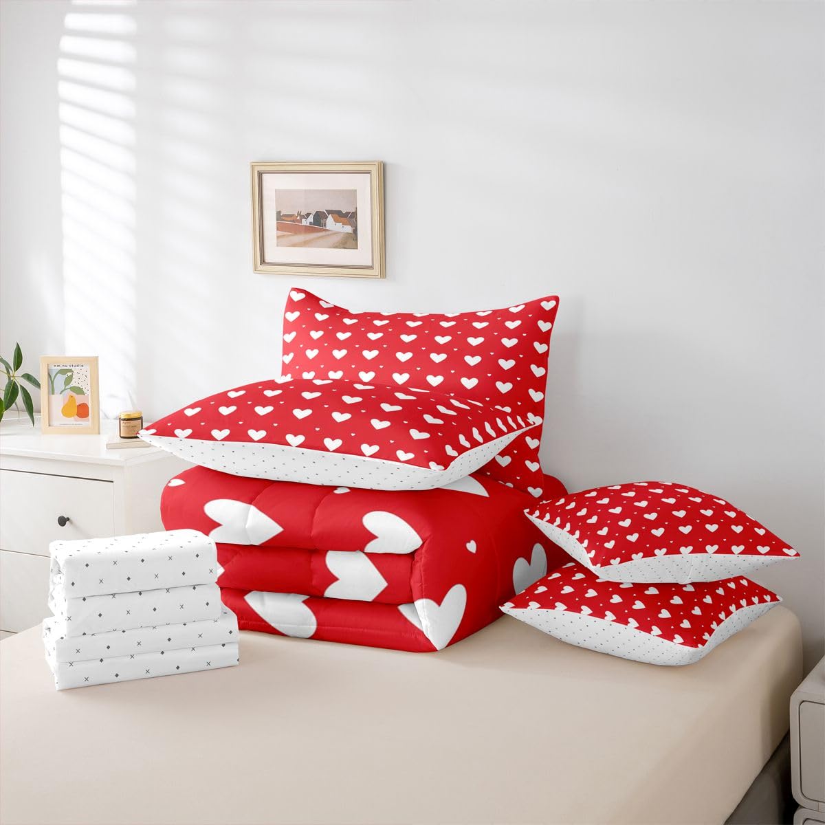 Erosebridal Couple Red Love Full Bedding Set - Cute Hearts Printed Bed in A Bag,Romance Love Heart Comforter Sets with Sheets, Romantic 7 Pieces Bed Set Bedroom Decor