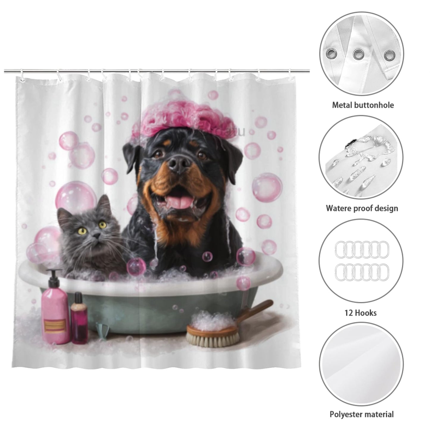 Wordatu Funny Rottweiler Shower Curtain Decor Fabric Bathroom Curtains, Kids Children Cartoon Waterproof 72x72 inch with 12 Hooks