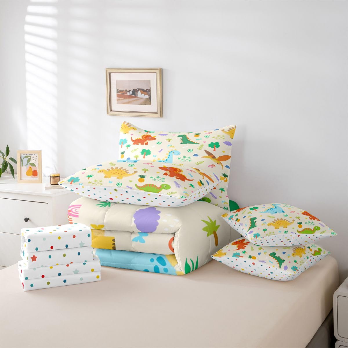 Feelyou Cute Dinosaur Comforter Set with Sheets 7 Piece Full Size Boys Dinosaur Bed in a Bag Kids Boys Girls Cartoon Animal Bedding Set Bedroom Decor Breathable Soft Lightweight Microfiber
