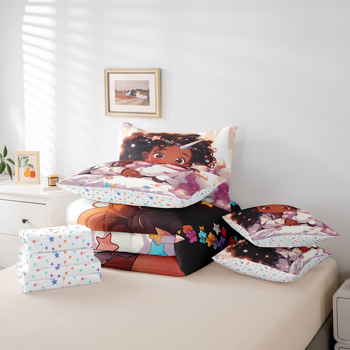 Cute Black Girl 7Pcs Comforter Set Full Size,Unicorn Bedding Sets for Kids Girls Boys,Africa Style American Bed in a Bag Dreamy Stars Fitted Sheet Flat Sheet,2 Throw Pillow 2 Pillowcases