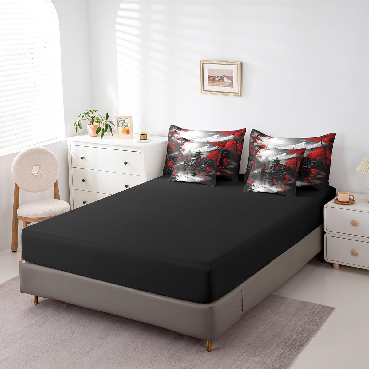 Erosebridal Japanese Style Queen Bedding Set 7 Piece,Cherry Blossom Comforter Set with Sheets,Red and Black Oriental Bed Set Vintage Mountain Scene Bed in a Bag with Fitted+Flat Sheet,Pillowcases