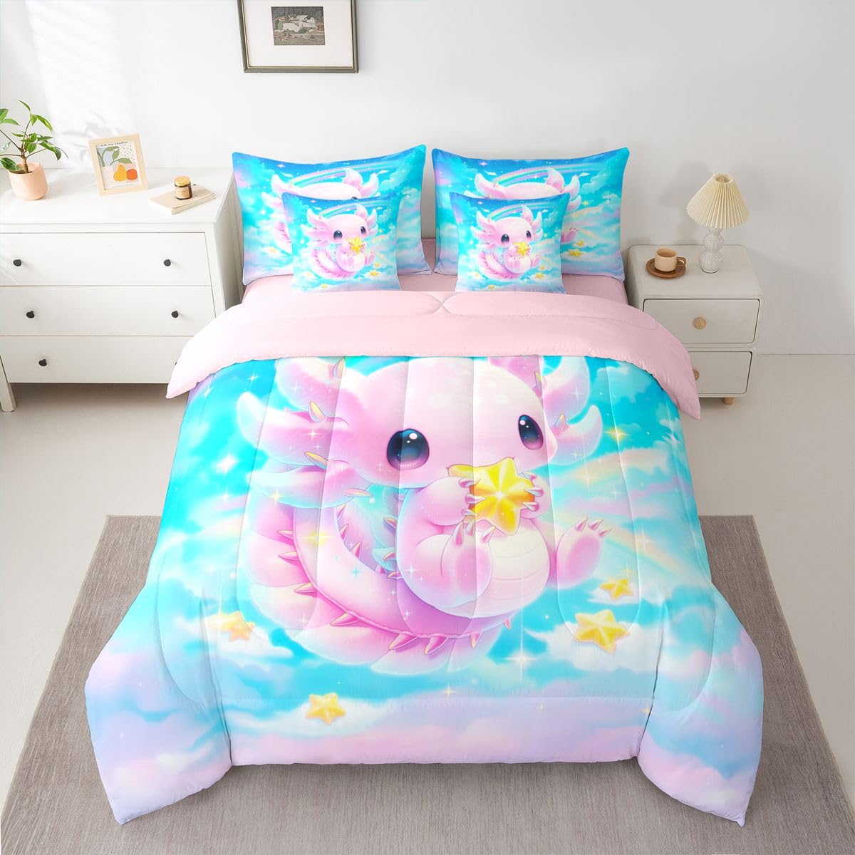 Erosebridal Dreamy Axolotl Queen Bedding Set for Kids Girls Teens Cute Axolotl Comforter Set with Flat and Fitted Sheet Cartoon Stars Blue Sky 7-Piece Bed in a Bag Rainbow Colorful Cloud Quilt Sets
