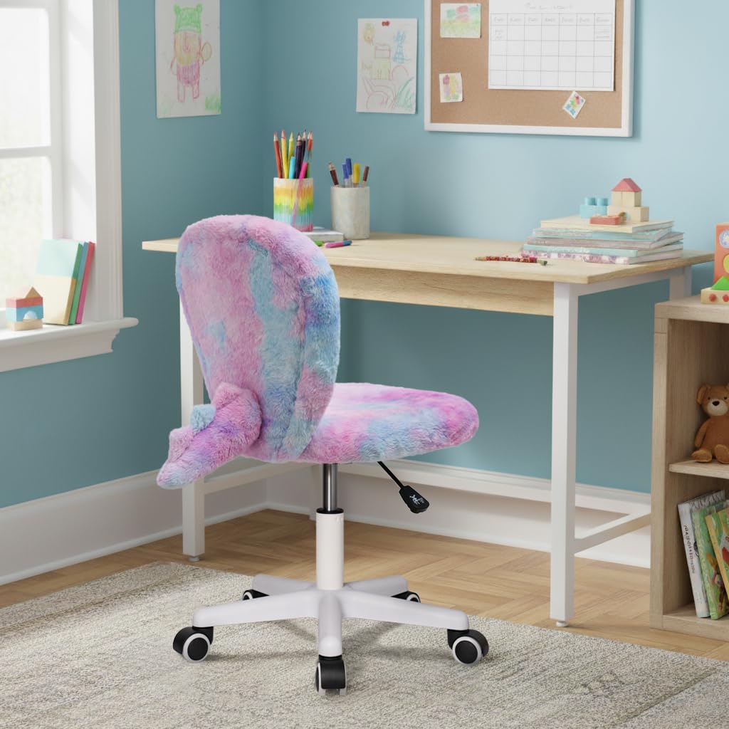 wangji TAILLA Fuzzy Kids Desk Chair, Small Comfy Armless Furry Faux Fur Swivel Chair for Tweens, with Detachable Animal Tail
