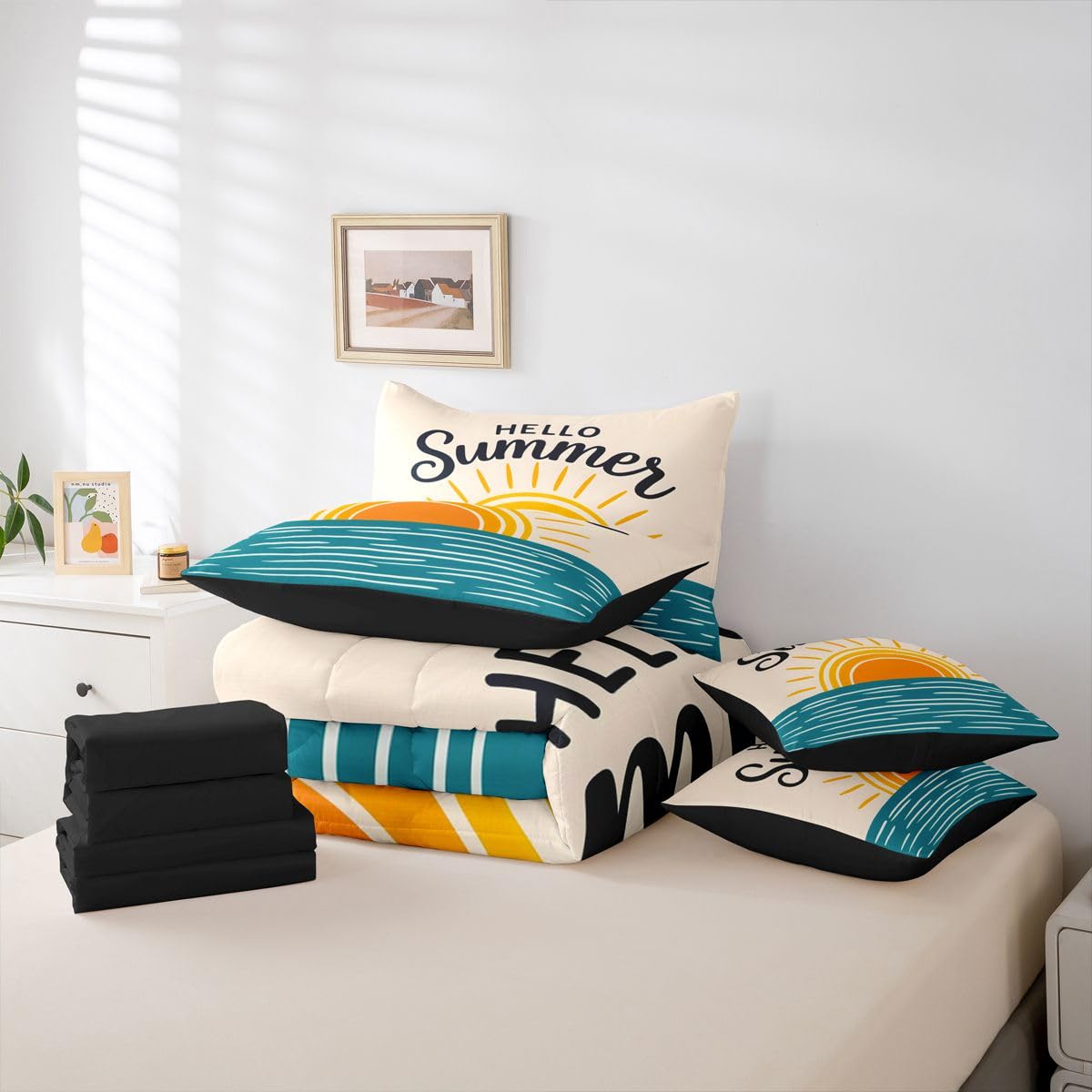Erosebridal Sunrise Ocean Queen Bedding Set Coastal Minimalist Art Comforter Set with Flat and Fitted Sheet Kids Teens Modern Watercolor 7-Piece Bed in a Bag Beach Hello Summer Quilt Sets