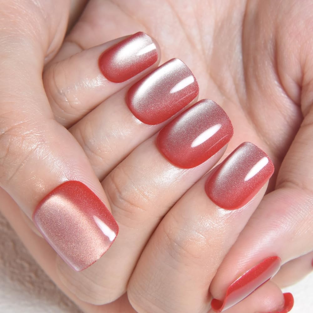 evpct Pink Cat Eye Extra Short Press on Nails Square, Petite Short Square Stick on Nails for Women Gift, Red Nude Pink Metallic Glitter Glossy Reusable Soft Gel Press on Acrylic Fake Nail with Design