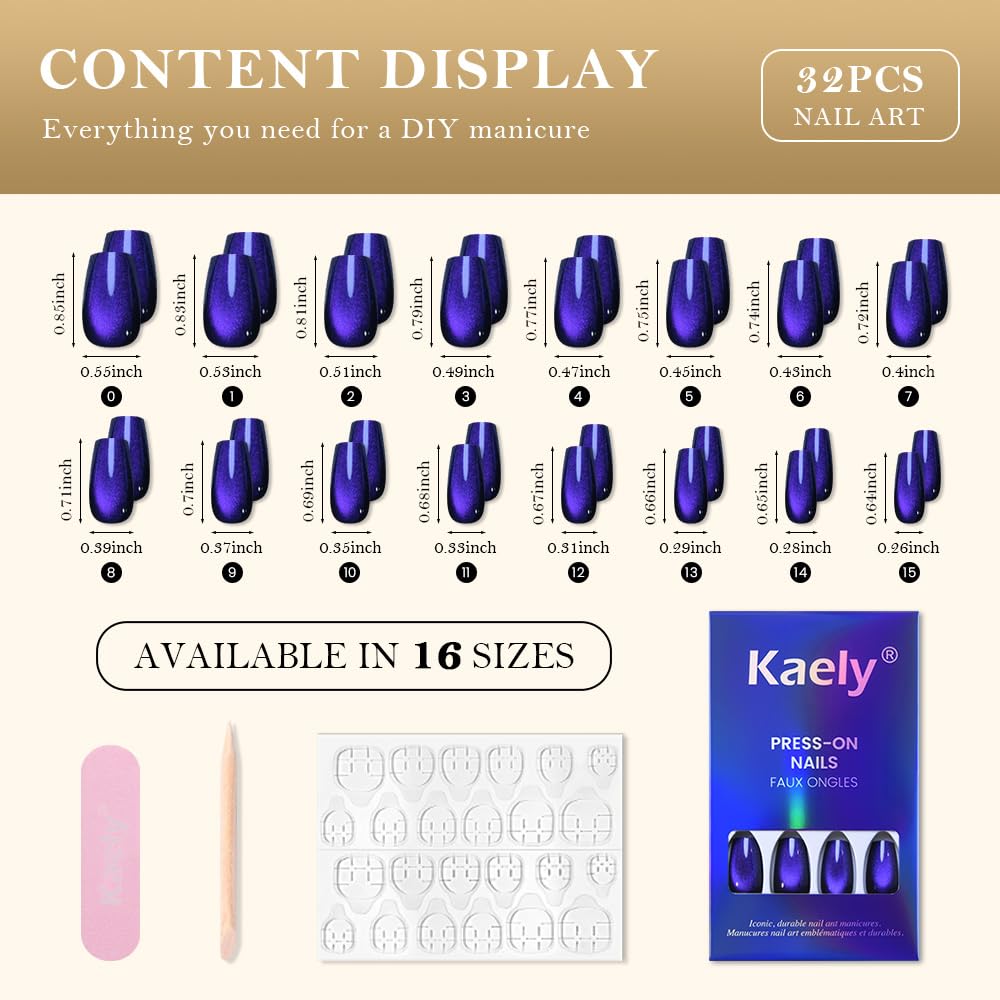 evpct Royal Blue Cat Eye Coffin Press on Nails Medium Square No Glue, Medium Square Stick on Nail for Women, Royal Blue Metallic Glitter Glossy Reusable Soft Press on Acrylic Fake Nails with Designs