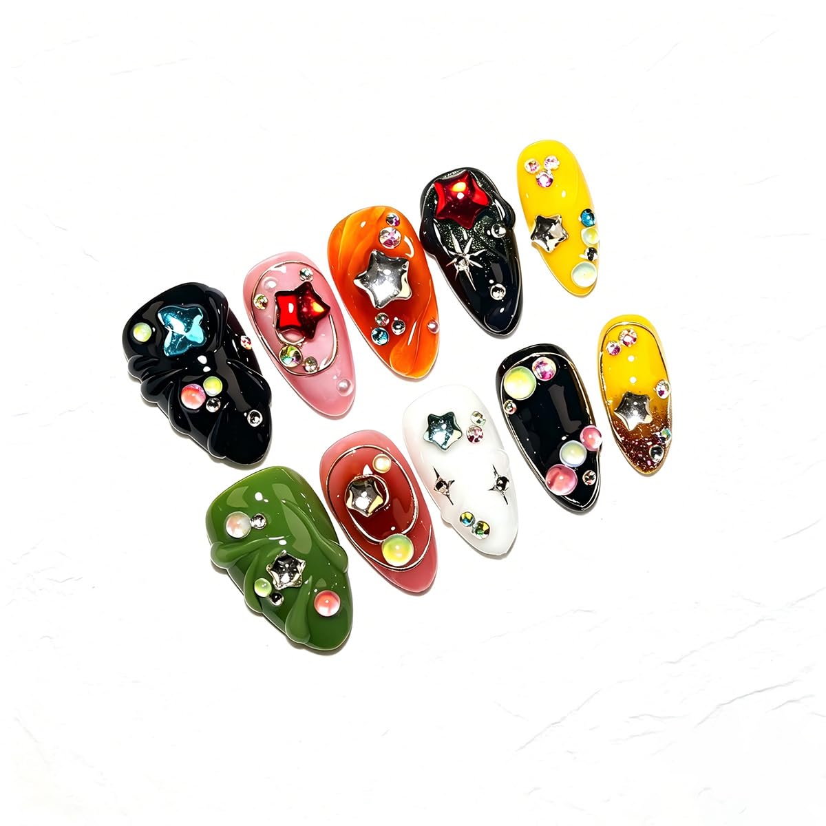 EasierGlow 10 Pcs Handmade Short Almond Press On Nails - Easy Apply & Remove, Reusable & Salon Quality | Y2K Gothic Multicolor Fake Nails with 3D Star, Gemstone & Swirl Sculpted Accents (EG01, S)