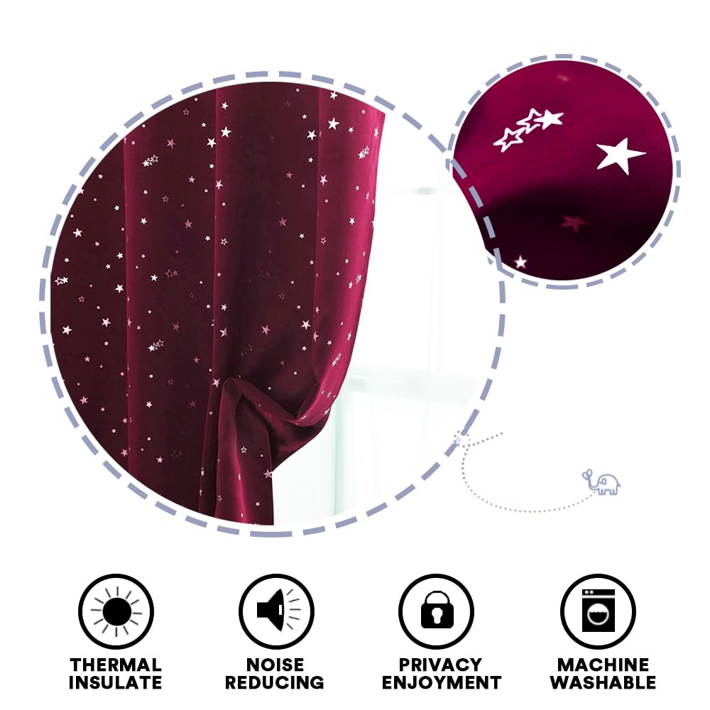 PrinceDeco Blackout Kids Curtains for Bedroom Thermal Insulated Silver Twinkle Star Curtains for Girls Antique Grommet Top Window Treatment 2 Panels Drapes for Nursery (52" W x 84" L, Burgundy/Silver)