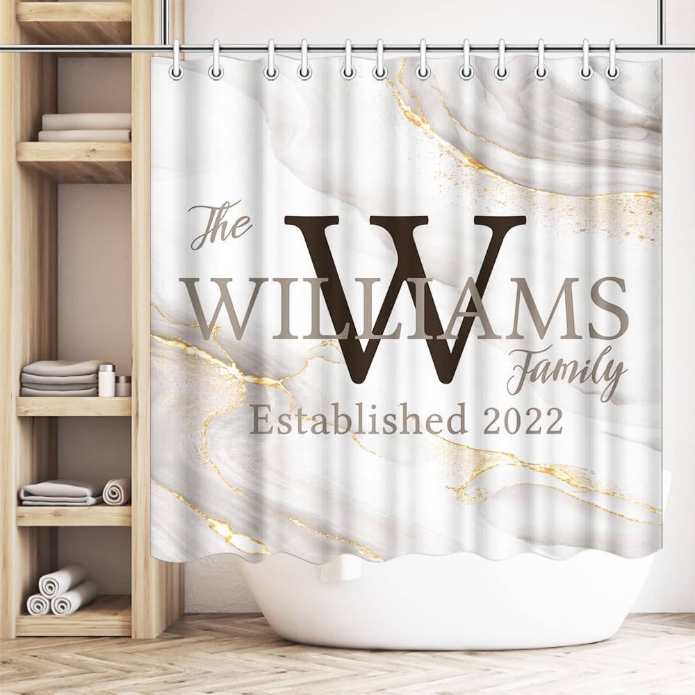 iLOOKLiKE Abstract Marble Shower Curtain Personalized Family Last Name Custom Monogram Grey Jade Texture Gold Stripes Bathroom Curtain Set Modern Durable Fabric Polyester 72x72inch with Hooks