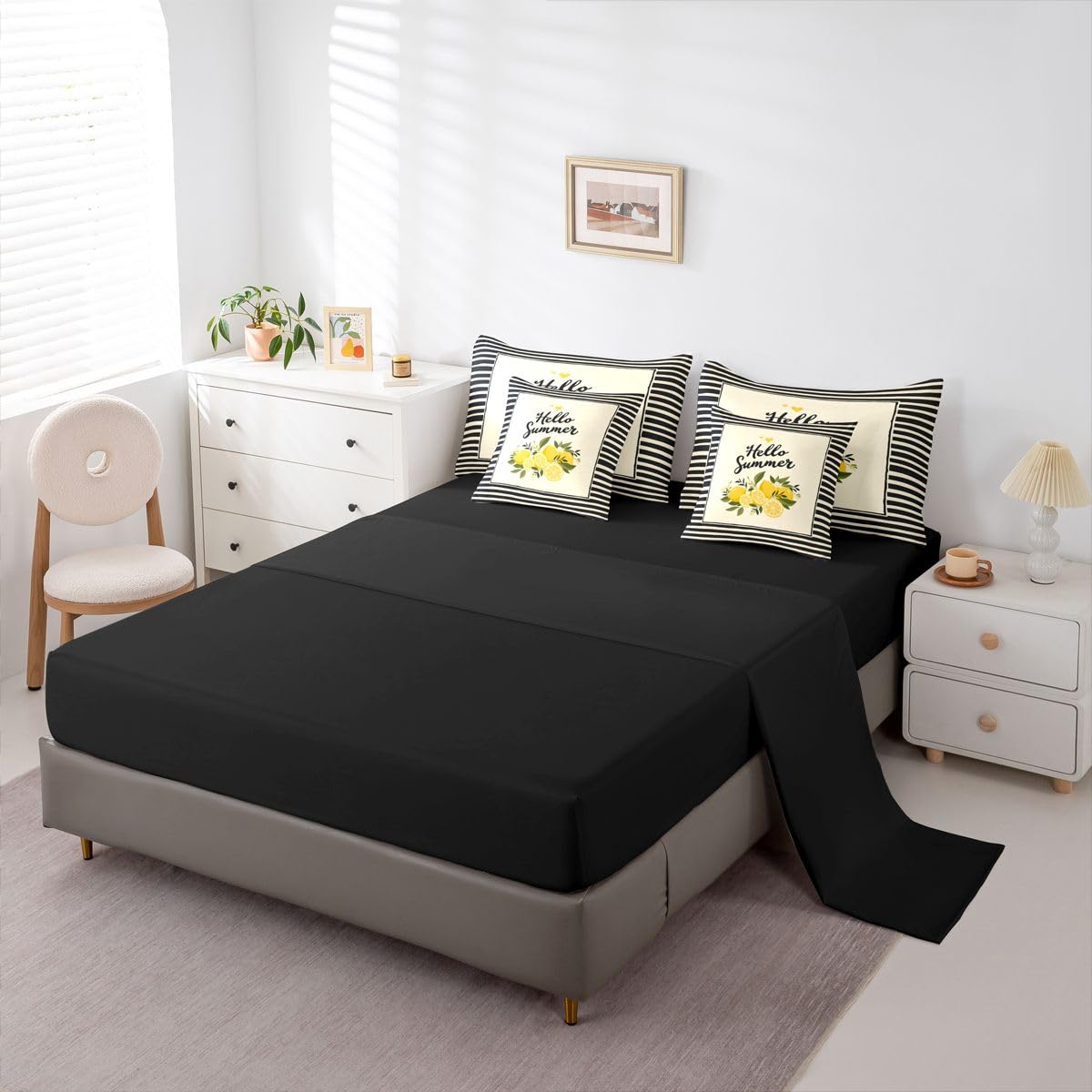 Erosebridal Hello Summer Queen Bedding Set Trendy Geometric Stripes Comforter Set with Flat and Fitted Sheet Kids Adults Refreshing Lemon 7-Piece Bed in a Bag Yellow Black Fruit Art Quilt Sets