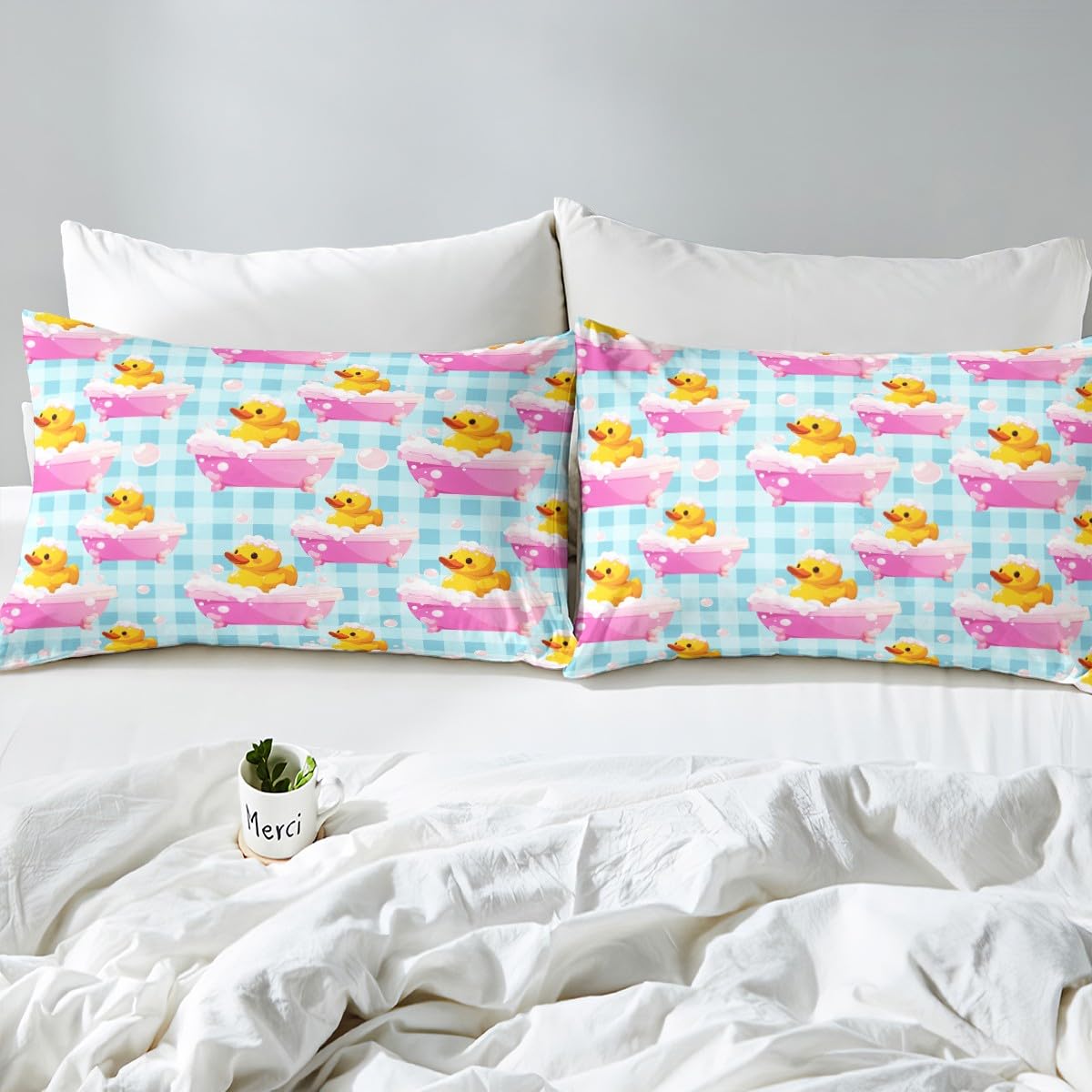 Erosebridal Boys Girls Blue Plaid Bed Sheets Full Size Kids Cute Yellow Duck Flat Fitted Sheet Cartoon Ducks Sheet Set Farmhouse Pet Animal Sheets
