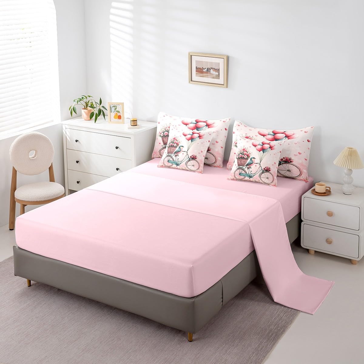Erosebridal Romantic Valentine's Day Full 7 Piece Bedding Set Cardinal Bicycle Bed in A Bag Pink Roses Balloon Comforter Set for Girls Teen Women,Cute Cartoon Animal Love Heart Bed Set