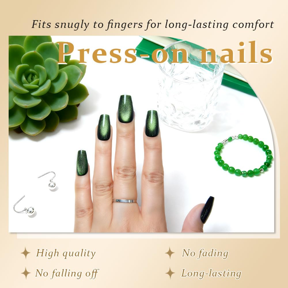 evpct Emerald Green Cat Eye Coffin Press on Nails Medium Square No Glue, Medium Square Stick on Nail for Women, Green Metallic Glitter Glossy Reusable Soft Press on Acrylic Fake Nail with Designs