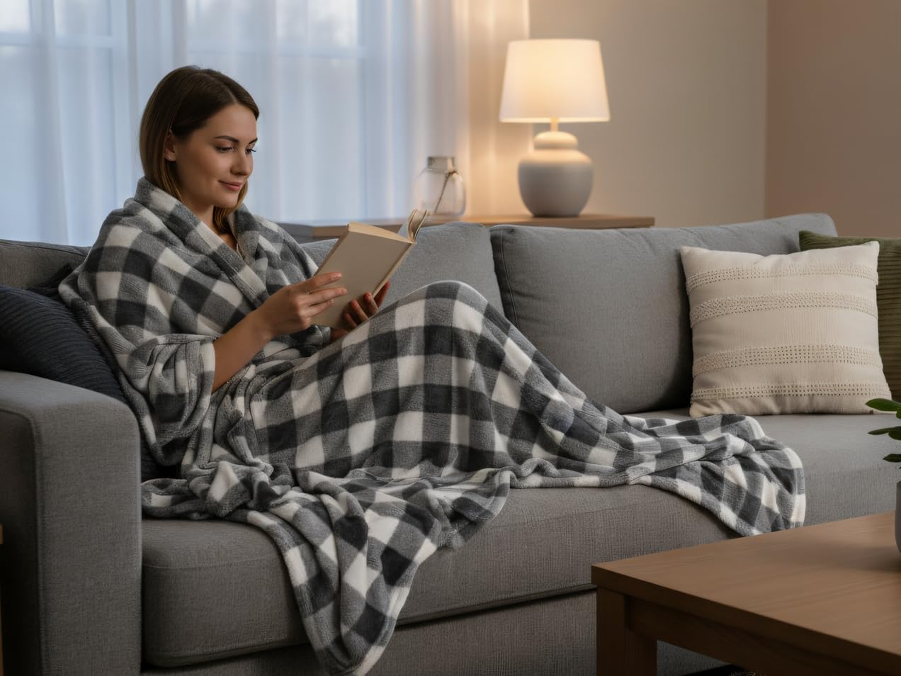MACEVIA Flannel Fleece Throw Blanket for Couch, Buffalo Plaid Blanket Gray and White, Lightweight Cozy Soft Blanket for Bed Sofa 260GSM, Suitable for All Seasons (Gray White Checkered,60x50inches)