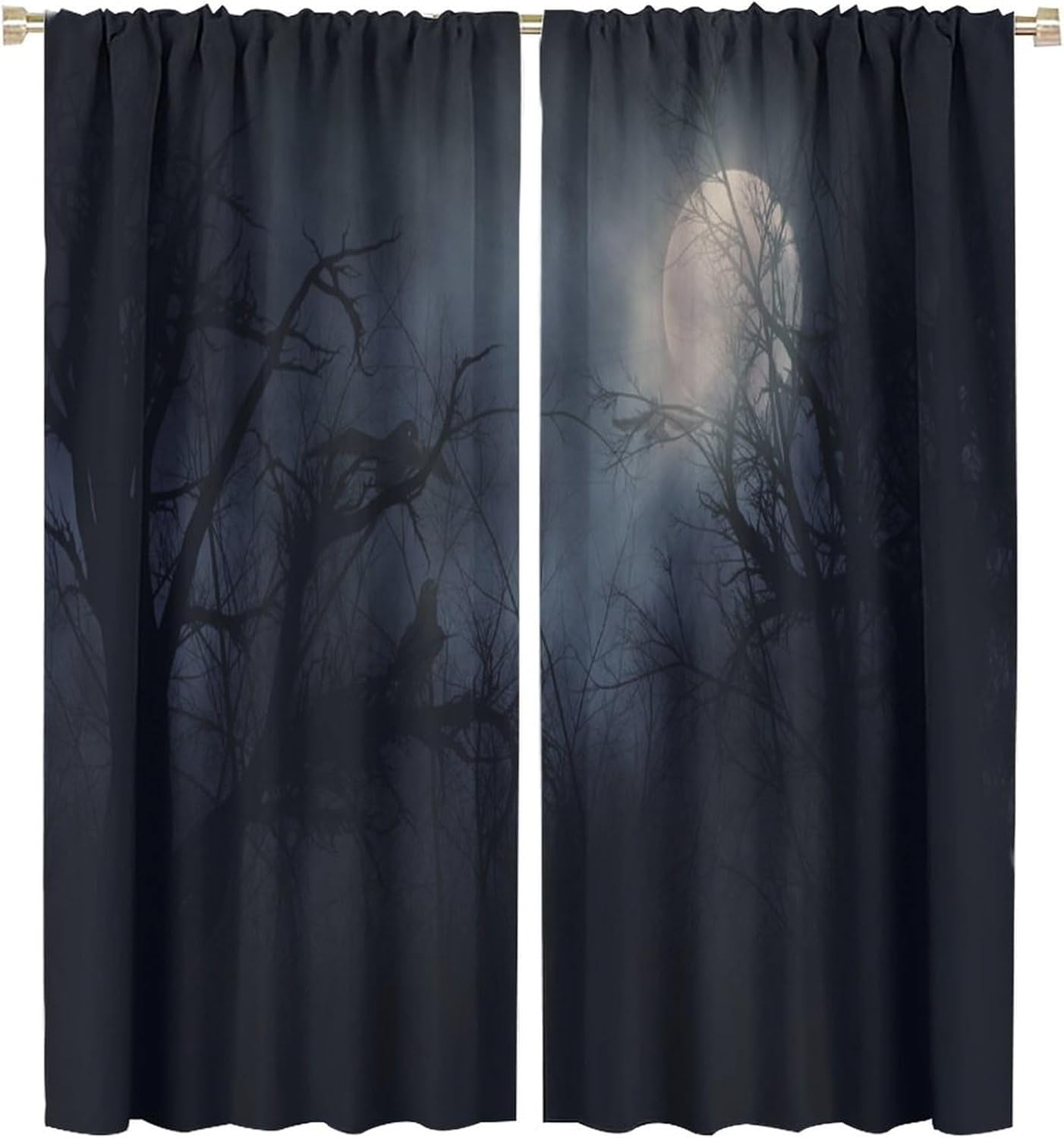 HZOHNAGO Gothic Curtains Rustic Gloomy Misty Crow Branch Moon Blackout Print Rod Pocket Window Drapes for Bedroom Living Room 42x45in