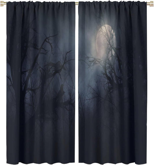 HZOHNAGO Gothic Curtains Rustic Gloomy Misty Crow Branch Moon Blackout Print Rod Pocket Window Drapes for Bedroom Living Room 42x45in