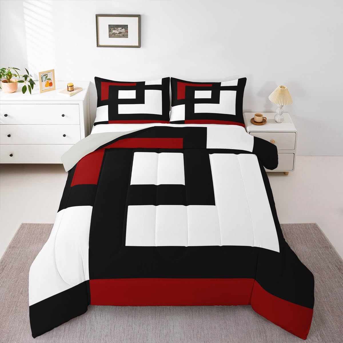 Erosebridal Red Black and White Striped Queen Comforter Set for Adult Women Men Square Abstract Bedding Set Modern Geometric Stripes Bold Lines Bed Set Minimalist Stylish Plaids Quilt Set