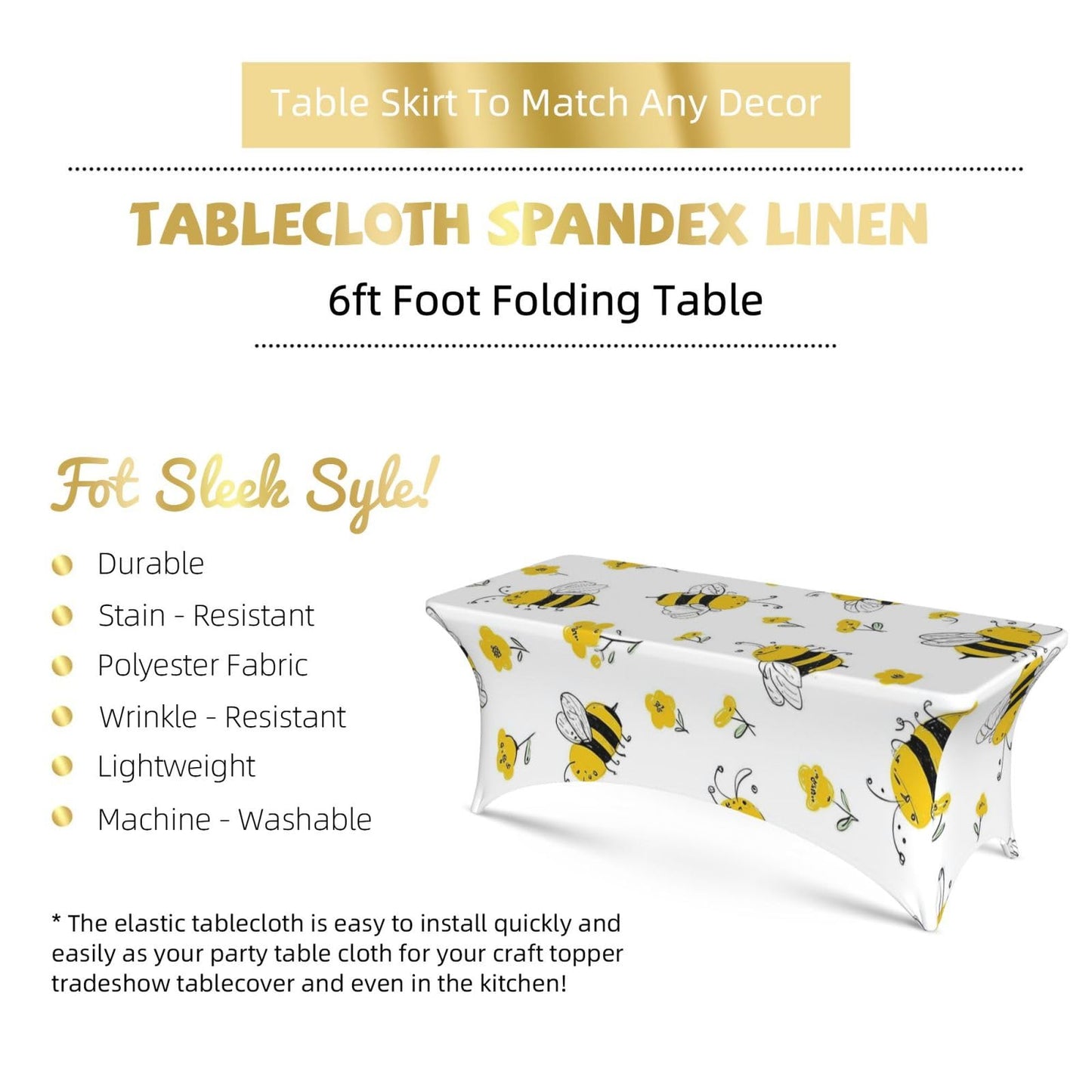 HSYOYO Yellow Bees Flowers Fitted Tablecloths for 6 Foot Rectangle Tables Stretch Table Cover Indoor Outdoor Rectangular Table Protector Decoration for Party Picnic Wedding
