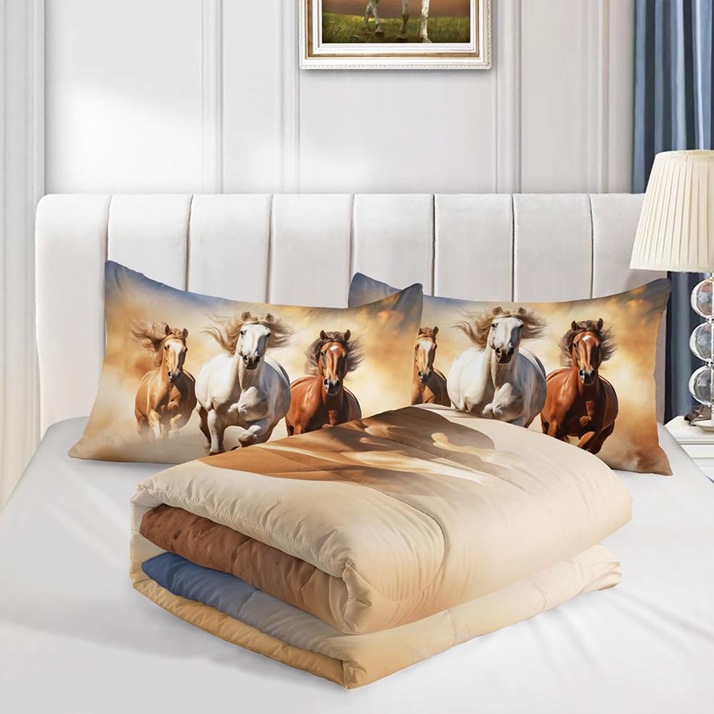XYNHML Kid Galloping Horse Comforter Set Full Animal Theme Handsome Horse Bedding Set Wild Animal Grey Sky Sand Decor Quilt Bed Set for Boys Girls Adult, 1 Comforter + 2 Pillowcases