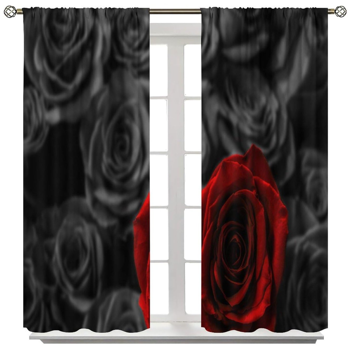 GoDazzling Red Rose Floral Curtains, Vintage Romantic Black Red Roses Flower Print Rod Pocket Window Drapes, for Bedroom Living Room 41" W X 45" L (No Blackout)
