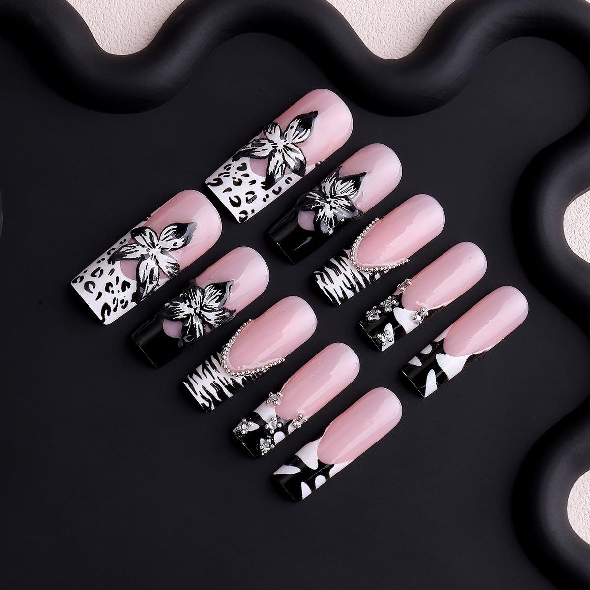 plalely Square Press on Nails Long Cow Print Fake Nail 3D Flowers Designs Acrylic Nail Press ons Sparkly Rhinestones Stick on Nails for Women 24pcs