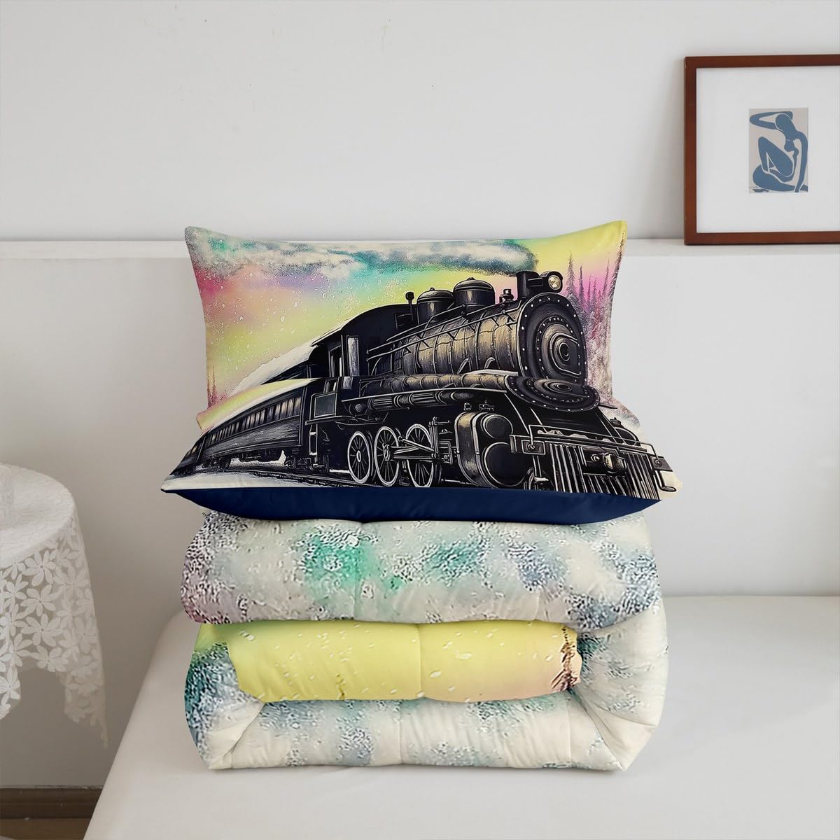 Erosebridal Aurora Train Twin Bedding Set,Railroad Steam Train Comforter Set for Kids Boys Girls,Transportation Vehicle Bed Comforter Sets Winter Snow Scene Quilt Bed Set 2Pcs Room Decor