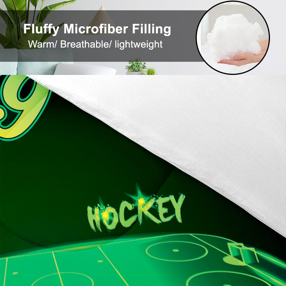 WAZARO Personalized Hockey Comforter Set, Hockey Bedding Twin Full Queen King, Hockey Blankets for Boys Ice Hockey Tapestry Down Comforters Hockey Bedroom Decor (Green Hockey Stadium)